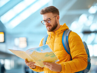 Exploring travel map, man in yellow jacket prepares for his journey