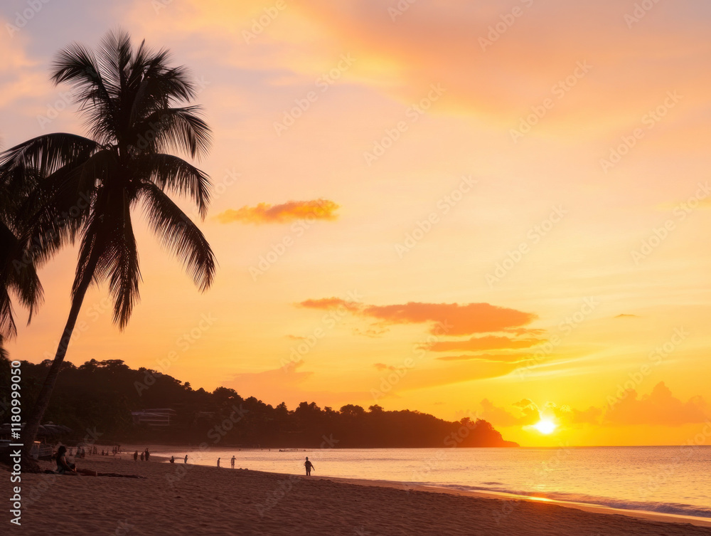 Poster serene beach at sunset with palm trees and gentle waves