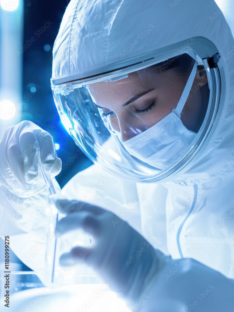 Poster scientist in protective gear conducts experiment with precision and focus