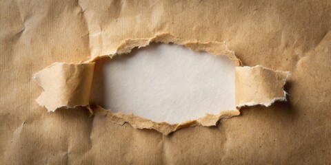 Fototapeta premium A small hole torn in a piece of paper with frayed edges and tears surrounding it, fray, rip