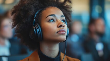 Woman listening intently at conference, headphones on (1)