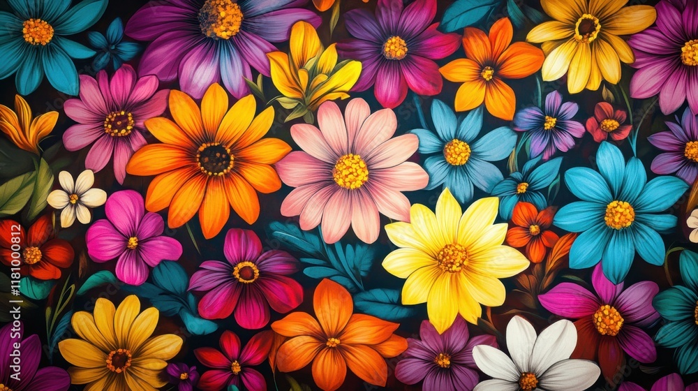 Poster a vibrant display of colorful flowers in various shapes and sizes, creating a cheerful and lively fl
