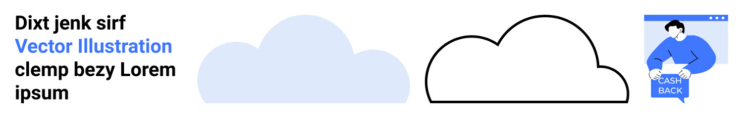 Blue cloud silhouette, black cloud outline, male character holding open book, blue and white color scheme. Ideal for websites, educational content, infographics, presentations, digital marketing