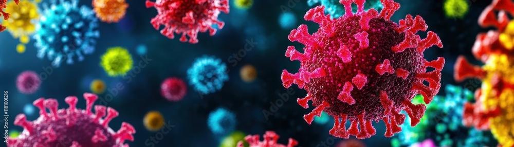 Poster vivid 3d visualization of a red and yellow virus cell depicting intricate structure and scientific e