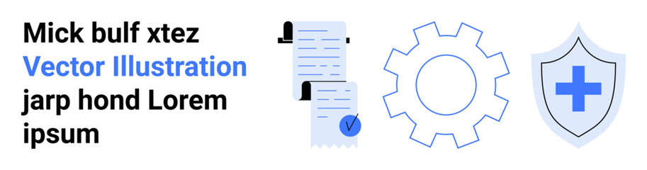 Documents with check mark, gear symbol, and shield with cross. Ideal for business security, technical support, compliance, IT management, healthcare, system integration, and official documentation