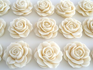 Beautiful Arrangement of Elegant White Rose Soap Flowers on a Clean Surface
