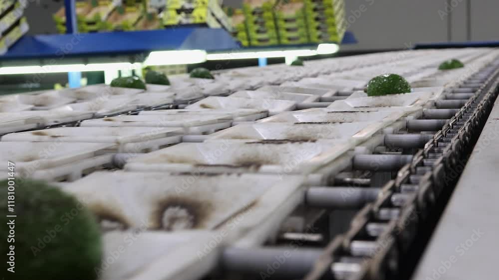 Aufkleber avocadoes on sorting conveyor are sized and dropped into boxes below