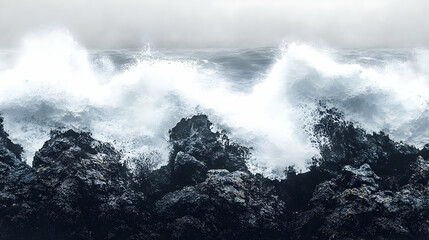 Obraz premium Ocean Wave Crashing on Rocks Realistic Image