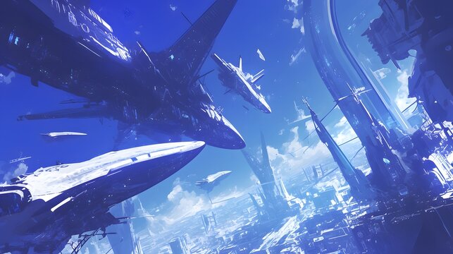 Anime space background featuring sleek futuristic spaceships and a cosmic theme