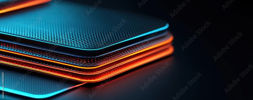 Poster layer abstract background idea. futuristic layered panels with glowing neon edges on a dark backgrou