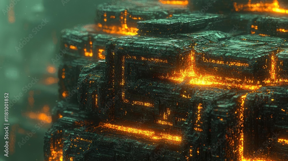 Poster layer abstract background idea. futuristic abstract structures glowing with vibrant orange light in 