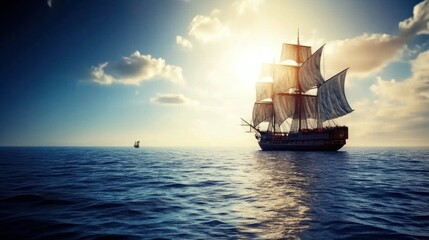 A majestic sailing ship glides across the ocean under a bright sky.