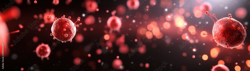 Poster a vibrant cluster of red viruses under a microscope showcasing intricate details and complex structu
