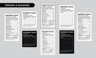 Set of Editable and Resizable Nutrition Facts, Supplement Facts Label Design Calories, Cholesterol, and Fats in Grams & Percentages Template