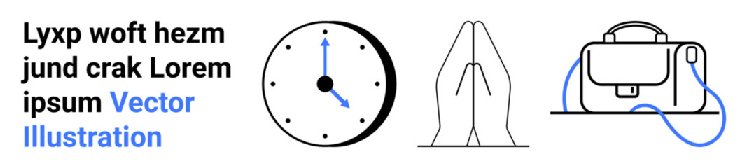 Desk clock showing time, hands in a meditation position, and a briefcase with blue strap. Ideal for productivity, work-life balance, mindfulness, office, business, relaxation, focus. Landing page