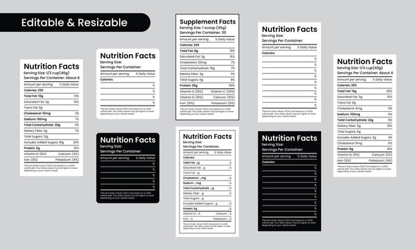 Set of Editable and Resizable Nutrition Facts, Supplement Facts Label Design Calories, Cholesterol, and Fats in Grams & Percentages Template