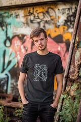 Young Man Posing Against Colorful Urban Graffiti Background