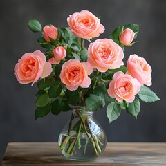 Beautiful Arrangement of Pink Roses in a Clear Glass Vase on a Wooden Surface