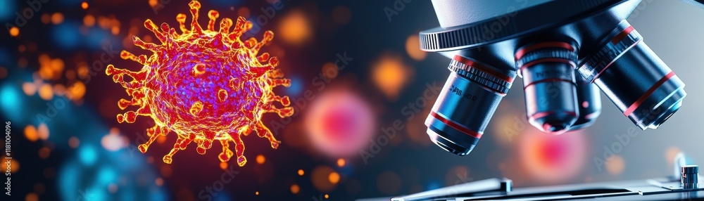 Poster close-up view of a microscope analyzing vivid red and yellow substance under high magnification in l