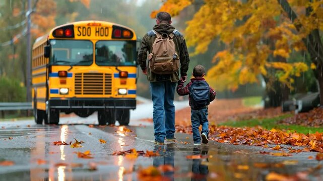Father and Son Walking to School Bus on Autumn Morning