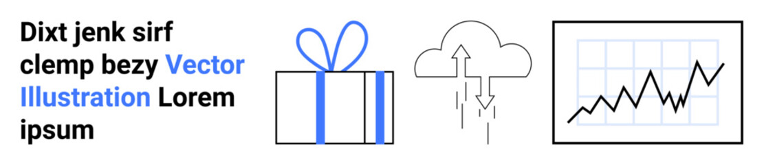 Gift box with bow, cloud with arrows pointing up, line graph showing growth. Ideal for business, data management, success concept, cloud storage, presents celebrations and analytics. Landing page