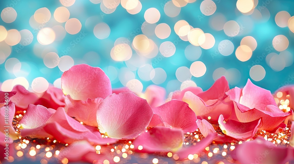 Poster delicate pink flower petals on a shimmering backdrop with soft bokeh effect