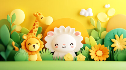A Sunny Day in the Jungle: Adorable 3D papercraft animal friends, a lion, giraffe, and lamb, share a playful moment in a vibrant, yellow and green jungle setting.