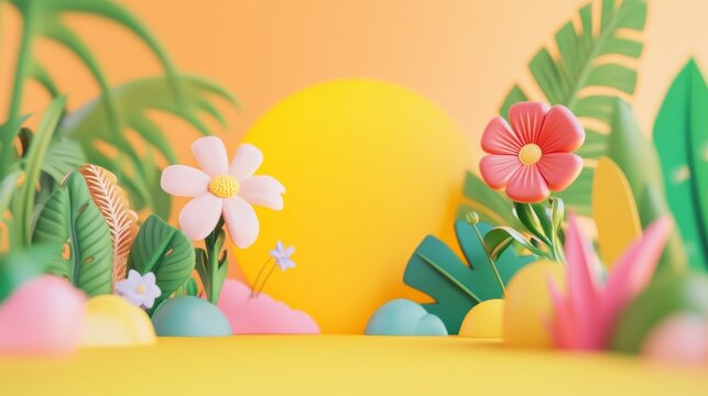 Sunny Tropical Paradise: 3D Render of vibrant flowers, lush leaves, and pastel stones set against a warm yellow sun, creating a cheerful and playful summer scene.