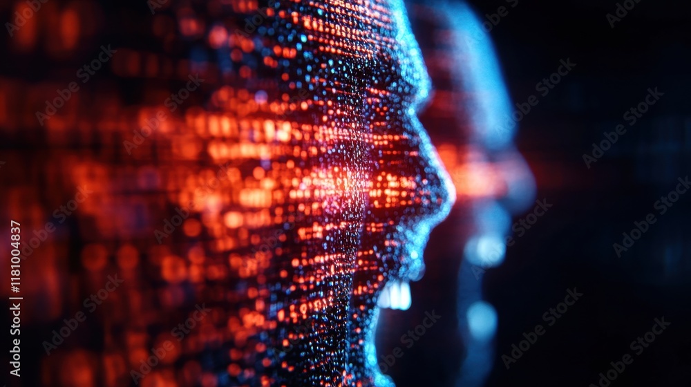 Poster intriguing artistic portrait of a person's face overlaid with complex binary code creating a futuris