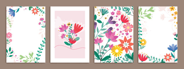 Flower greetings card clipart background set. Spring flowers drawing clip art in watercolor flat elements for wallpaper and invitation card collection. Vector illustration floral poster set.   © AmazeinDesign