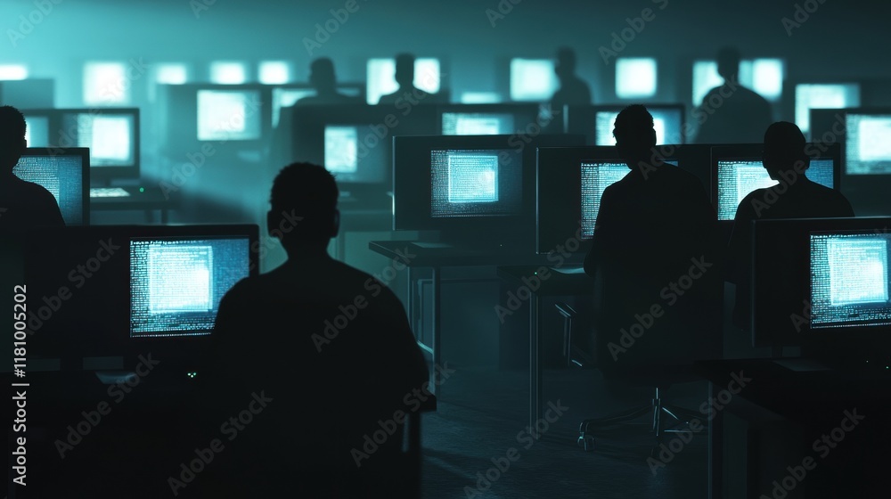 Poster focused collaboration of professionals working on computers in dimly lit room creating an atmosphere