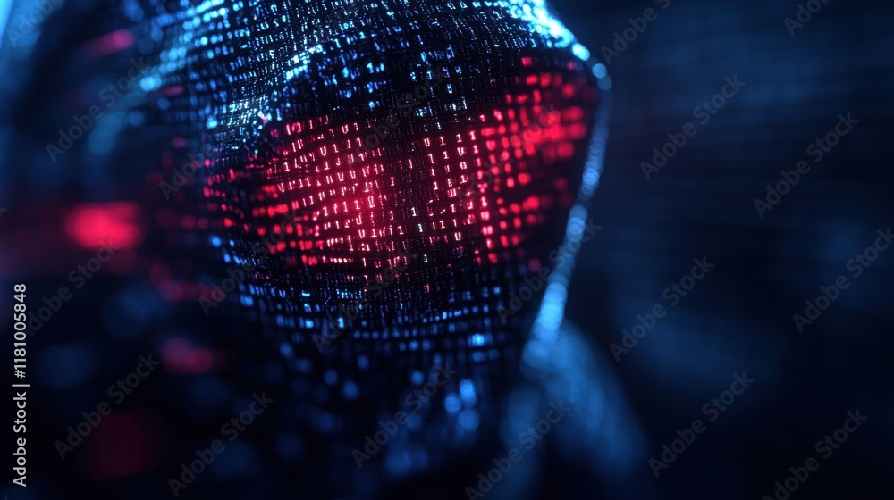 Poster intriguing close up of a human face merging with cascading streams of binary code illustrating digit