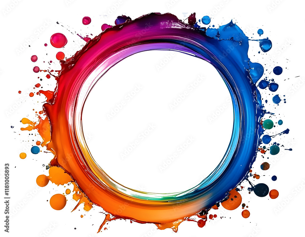 Poster abstract colorful circle frame made of liquid paint explosion with drops with empty white space.