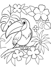 Tropical Toucan Coloring Page Bird, Flowers, Leaves, Jungle, Illustration Ready-to-print coloring page on standard 8.5x11 inch paper