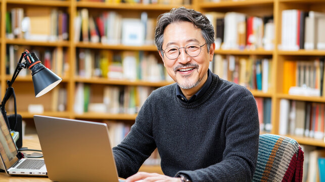 Smiling Professor in Library Study. A friendly, mature Asian man smiles warmly while working on his laptop in a well-lit library setting.  He exudes intelligence and approachability.