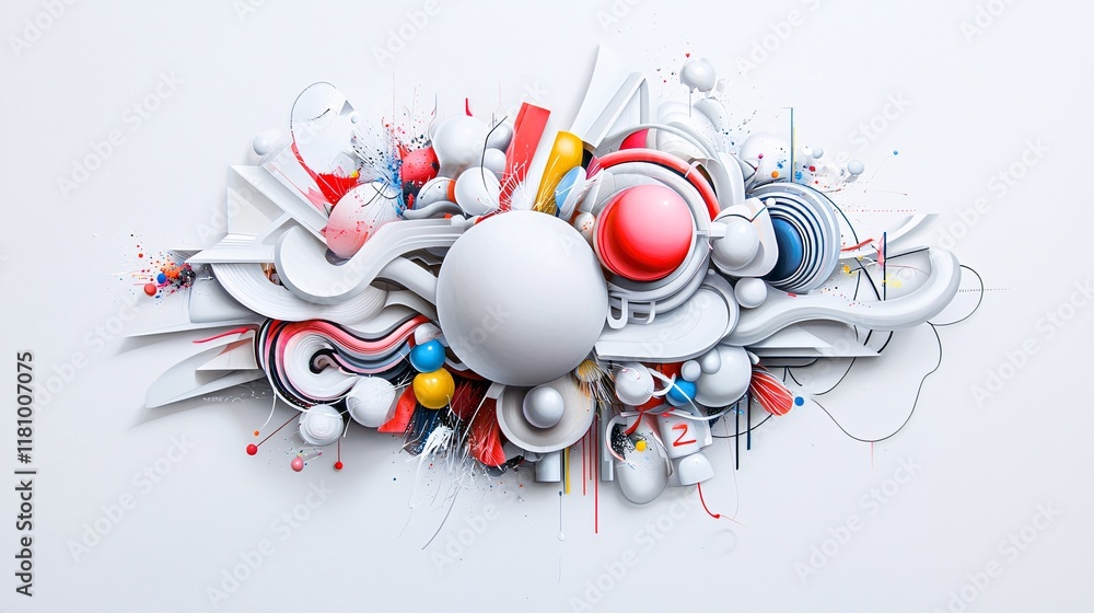 Poster a futuristic abstract art piece with 3d elements that seem to pop out of the canvas, using bold colo