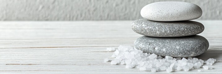 Wellness Spa Essentials: Massage Stones, Essential Oils, and Sea Salt Arranged on a White Wooden Table with Generous Copy Space