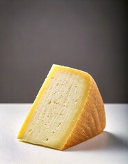 Piece of cured cheese, wedge of Manchego cheese on a white table