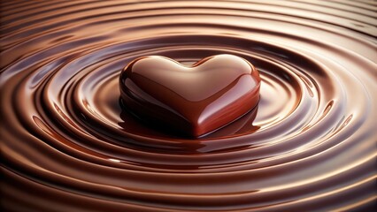 Chocolate heart rising from chocolate ripples in a shallow water pool, sweet treat, food