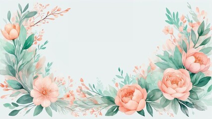 Soft peach and mint floral watercolor with blooming branches