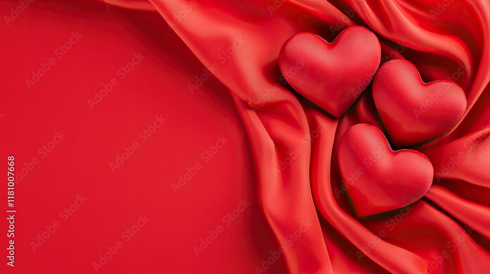 Poster soft red fabric background with three heart shapes on luxurious drapery for romantic themes and desi