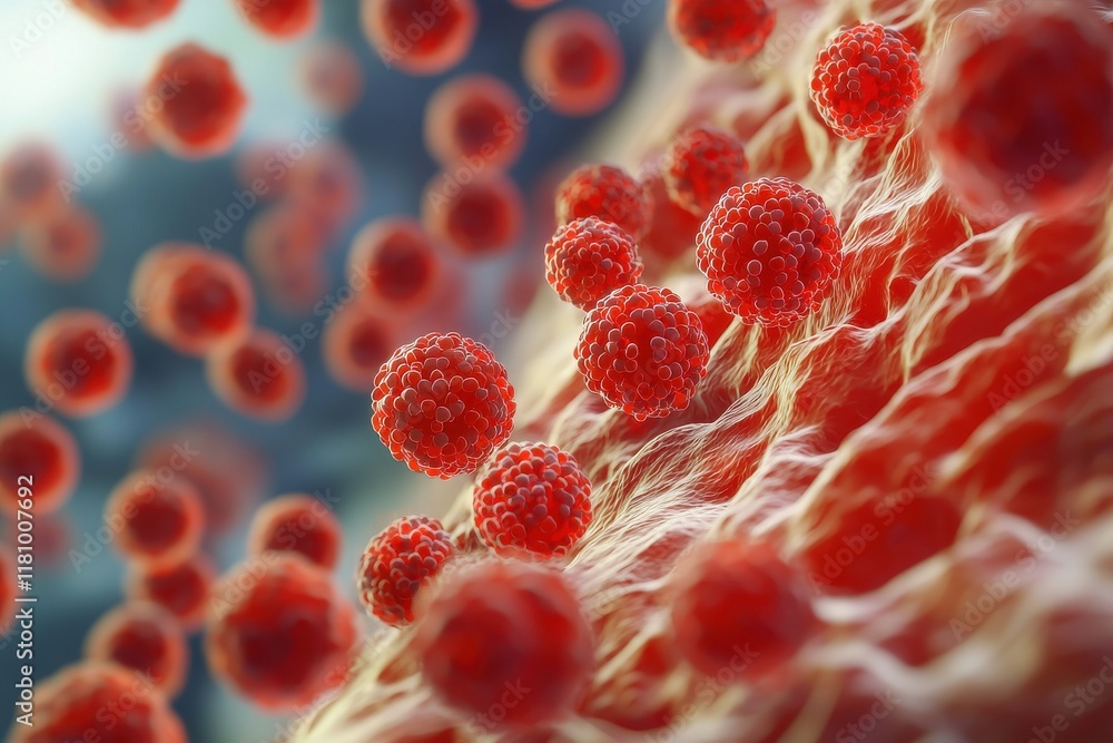 Poster a close-up view of red spherical cells, showcasing their intricate structures and surrounding fibers