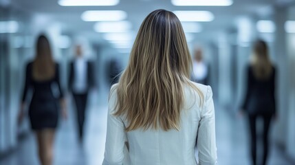 Obraz premium Elegant Woman in Stylish White Suit Gracefully Walking Through Modern Hallway Exuding Confidence and Professionalism