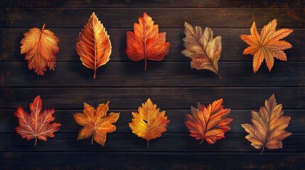 Obraz premium Autumn Leaves Arranged on Dark Wooden Background