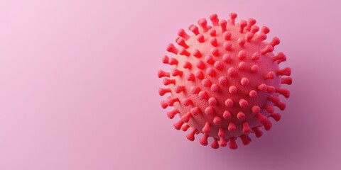 A spherical, pink virus model with protruding spikes, symbolizing infection and disease in a contemporary design.