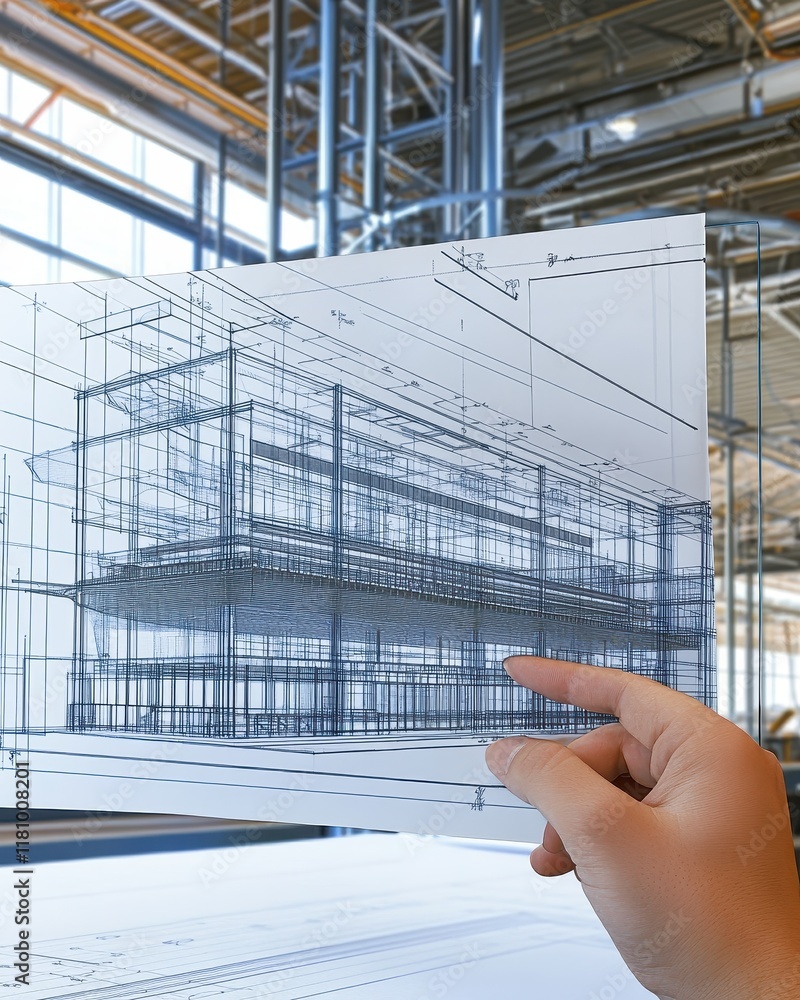 Poster architect reviewing building blueprint in factory setting