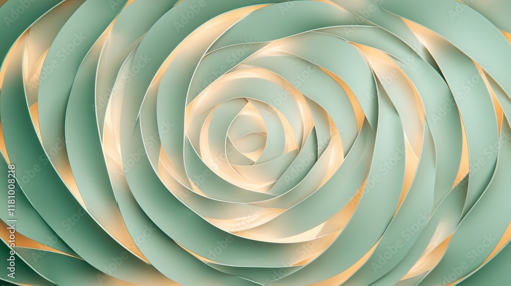 Poster abstract spiral design with soft mint green and warm beige tones creating a layered floral pattern