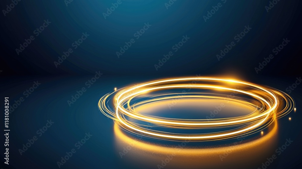 Poster bright circular light trails on a blue background with soft reflections and smooth surface for creat