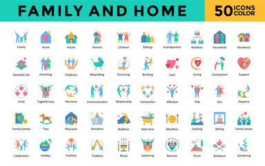 Family and Home icons set with family, home, house, parents, children, siblings, grandparents, relatives, household, residence icon. Simple flat color vector 
