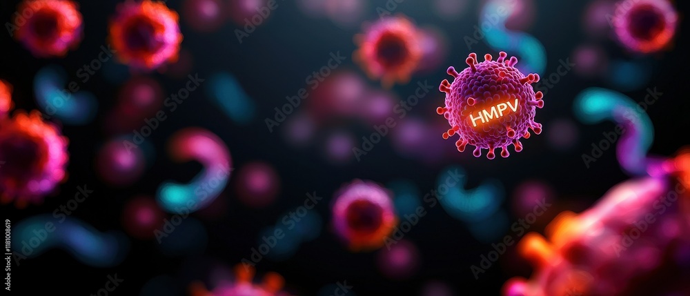Poster human metapneumovirus (hmpv) concept. a vibrant, microscopic view of viruses, showcasing their intri